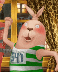 a cartoon rabbit wearing a green and white striped shirt with the number 441 on it