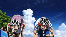 a cartoon drawing of two cyclists with one wearing a helmet that says ' fuji ' on it
