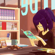 a girl is reading a book in front of a bookshelf with the number 90 on it