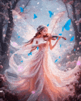 a fairy is playing a violin in a forest with butterflies flying around her