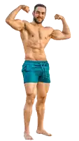a shirtless man in blue swim shorts flexes his muscles