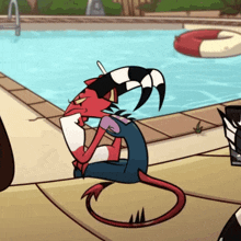 a cartoon character is sitting by a pool