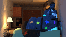 a cartoon of a person laying on a bed with stars on their back