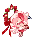a cartoon character with a wreath of strawberries and a pickaxe