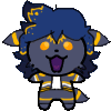 a cartoon drawing of a sheep with a blue hair and orange eyes .