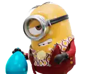 a minion wearing a red jacket and goggles holds a blue egg