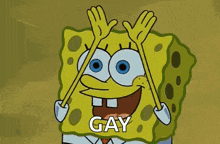 spongebob squarepants is wearing a rainbow hat and holding his hands up in the air .
