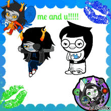 a collage of cartoon characters with the words me and u on the top