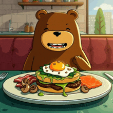 a cartoon bear is sitting at a table with a plate of food on it