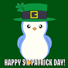 a penguin is wearing a leprechaun hat and holding a shamrock and the words happy st. patrick day