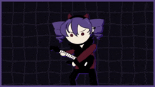 a cartoon drawing of a girl holding a guitar with the letter p on it