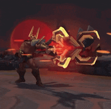 a man in a video game is holding a sword and shield
