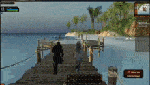 a computer screen shows a man and woman walking on a dock