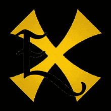 a black letter e is surrounded by yellow dots