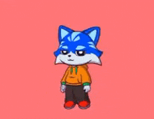a cartoon of a blue cat wearing an orange hoodie and black pants is holding his finger to his mouth .