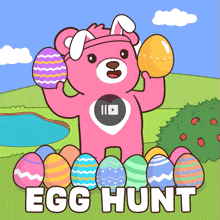 a pink teddy bear is holding an easter egg in front of easter eggs