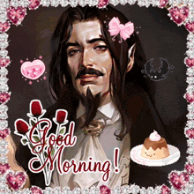 a picture of a man with long hair and a beard with the words good morning on it