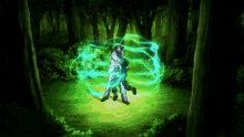 a person is standing in the middle of a forest with a green glow around them