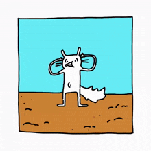 a cartoon drawing of a cat covering its ears and a green alien waving