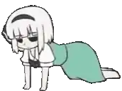 a cartoon girl in a green dress is kneeling down on the floor .