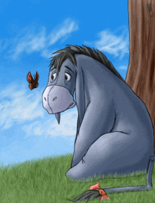 eeyore from winnie the pooh is looking at a butterfly on the grass