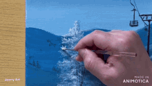 a painting of a ski lift is being painted on a canvas by joony art