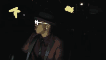 a drawing of a man wearing sunglasses and a hat with the word she written on it