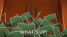 a group of people are jumping in the air with the words `` what 's up ! ''