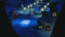 a cartoon character is standing in a cave with a light shining on it .