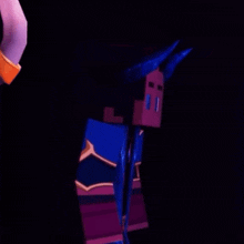 a cartoon character with horns and a purple suit is standing in a dark room .