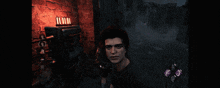 a man in a red shirt stands in front of a brick wall in a video game