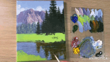 a painting of a lake with mountains in the background is being made in animatica