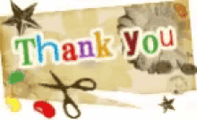 a thank you card with scissors , stars , and a cat on it