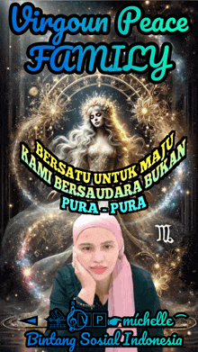 a poster for the virgoun peace family with a woman in a pink scarf