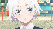 a girl with white hair and blue eyes stands in front of a sign that says " juice "