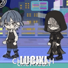 a couple of anime characters standing next to each other with chernoah written in white