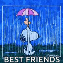 a cartoon of snoopy holding a pink umbrella in the rain with the words best friends below him