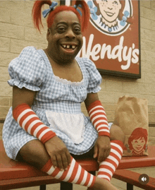 a wendy 's sign with a person dressed as wendy in front of it
