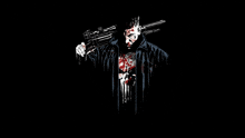 a man with a skull on his chest is holding two guns on a black background