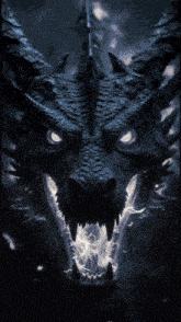 a close up of a dragon 's face with glowing eyes