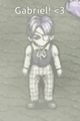 a cartoon of a boy with purple hair and a vest and pants is standing on a grassy field .