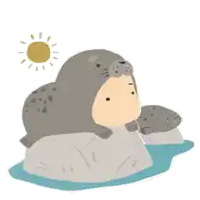 a cartoon illustration of two seals on a rock in the water