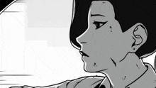 a black and white drawing of a woman with short hair and earrings