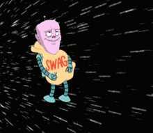 a cartoon character is wearing a yellow shirt that says " swag "