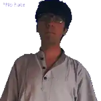 a pixelated image of a man wearing glasses with the words " no hate " written below him