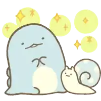 a cartoon drawing of a whale and a snail with sparkles in the background