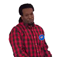 a man wearing a red plaid shirt has a name tag that says matt