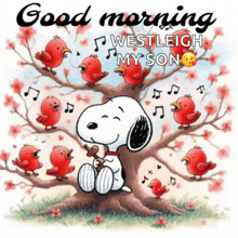 a cartoon of snoopy sitting under a tree with birds singing to him