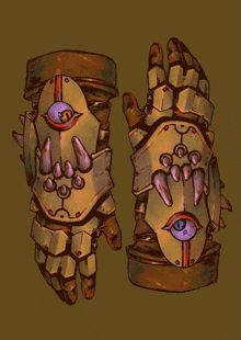 a drawing of a pair of armored gloves with a purple eye .