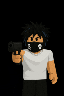 a cartoon character wearing a black mask with skulls on it holds a gun